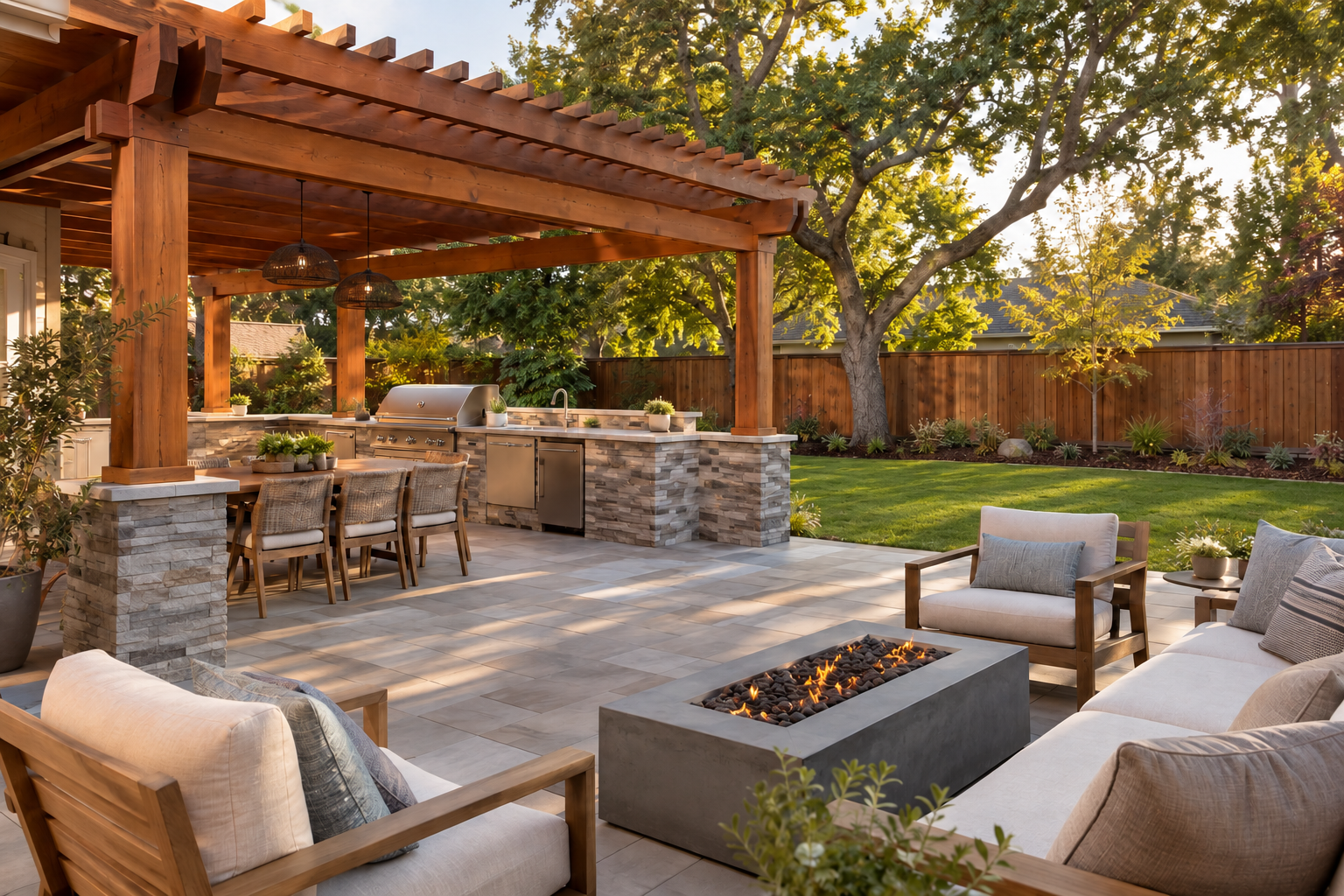 Completed backyard with a redwood pergola, outdoor kitchen, level lawn and paver patio